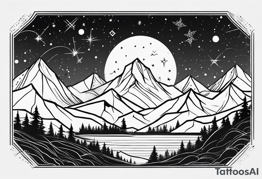 Simple constellation lines over mountain range tattoo idea
