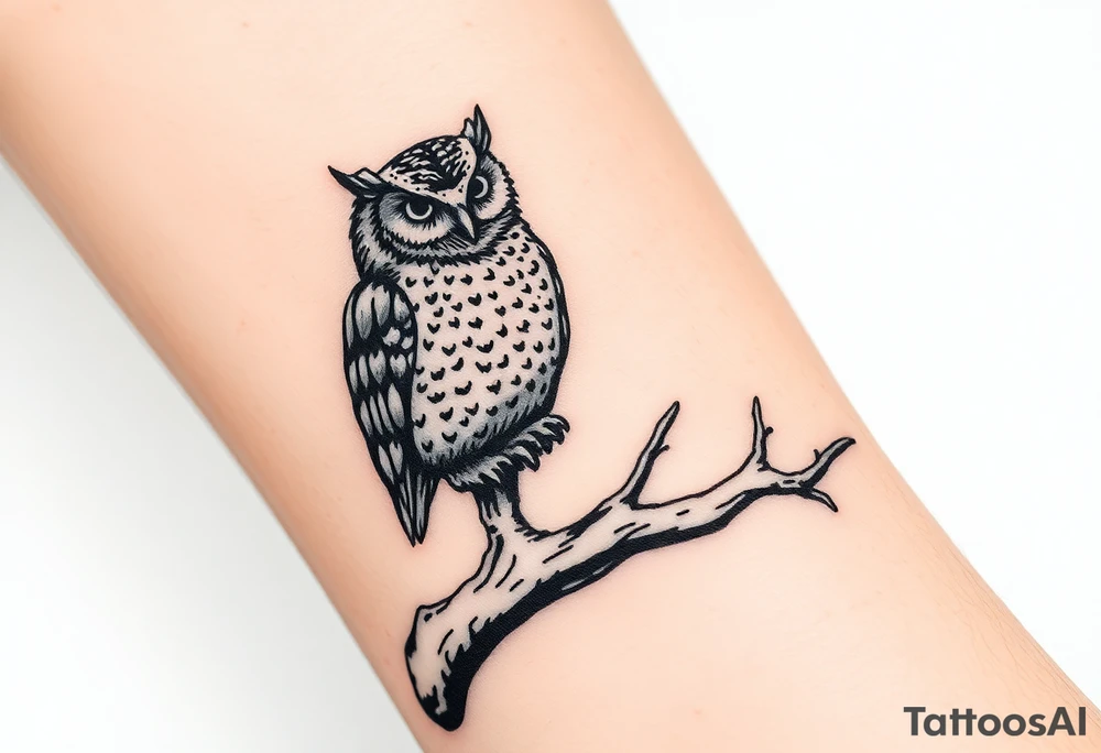 wise owl perched on ancient oak branch under starlit sky tattoo idea