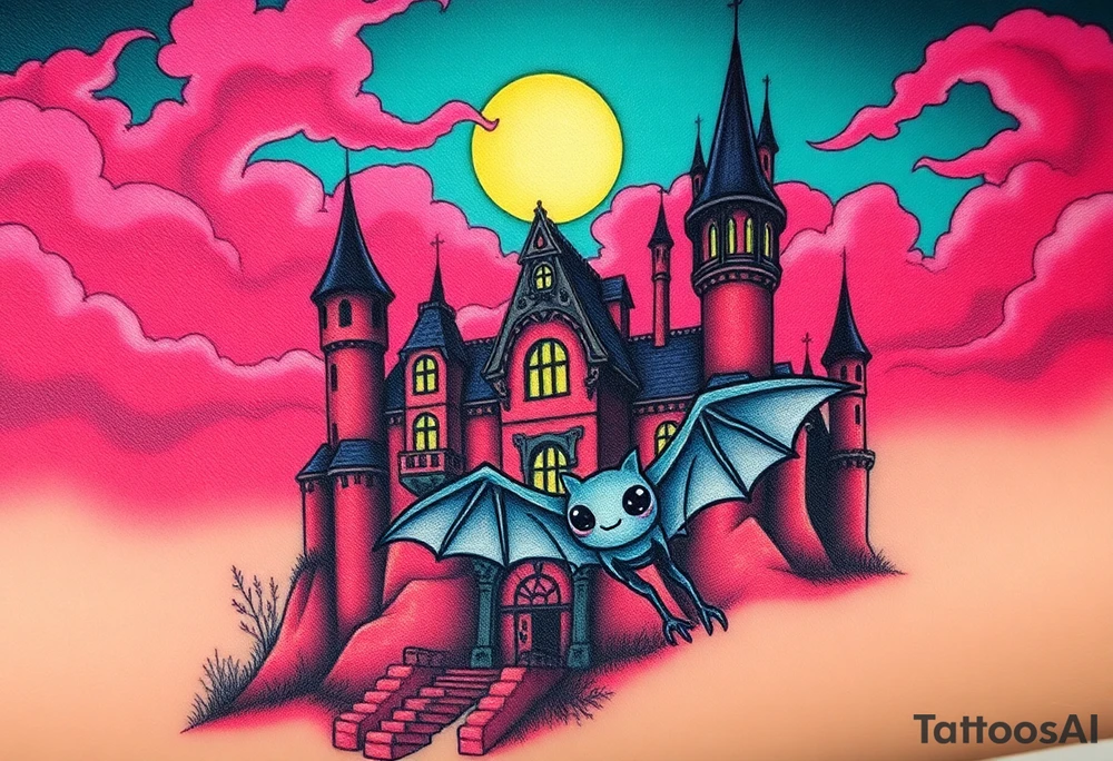 Tim Burton’s haunted castle is abandoned and dripping with muted reds, dusty pinks, and eerie green glow.purple and cyan smokey clouds swirl in the crescent moonlit sky thats sprinkled with stars under the castle an adotable kawaii bat spreads its wings tattoo idea tattoo idea
