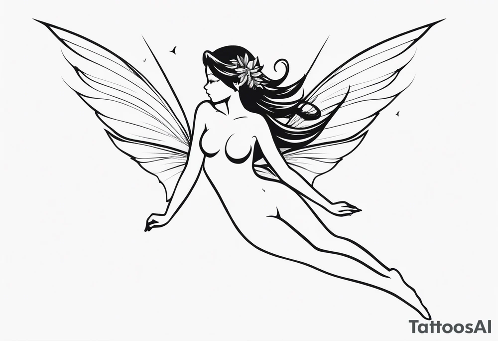 Minimalistic, monochromatic fairy with a tail flying to the left in a fetal position, leaning and looking in the same direction, with visible hands, embodying the 'Fairy Tail' logo aesthetic. tattoo idea
