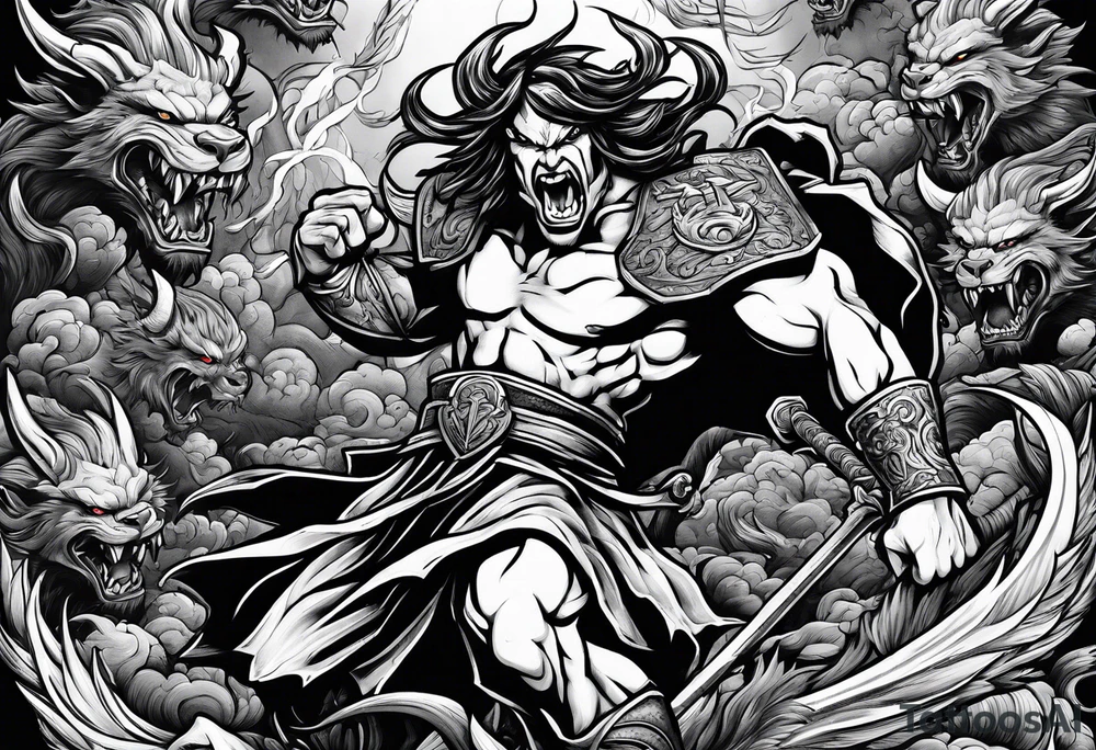 man fighting  demons in a battle field tattoo idea
