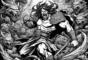 man fighting  demons in a battle field tattoo idea