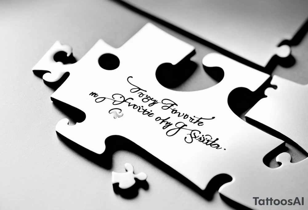 Puzzle Piece: A fine, clean outline with no shading, keeping the design light and elegant.
Handwritten Text: Beneath or slightly to the side of the puzzle piece, your sister’s words “to my favorite sister,” carefully preserving the integrity of her handwriting.
This will create a balanced, meaningful design that's simple yet full of emotion—perfect for a small ankle tattoo. tattoo idea