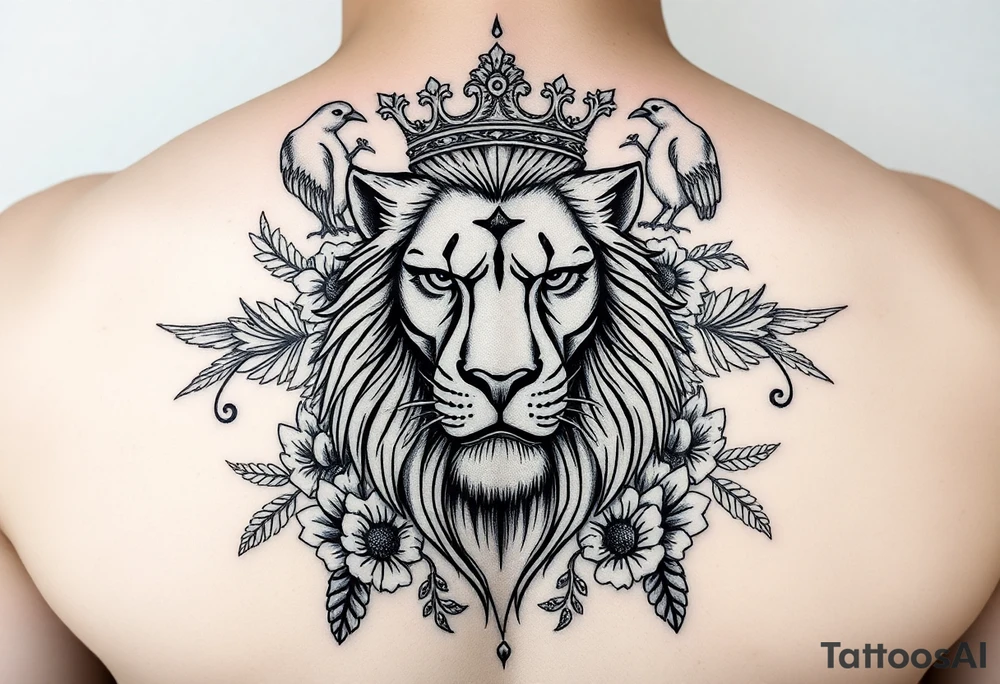 powerful majestic lion with a crown, surrounded by floral ornaments and birds tattoo idea