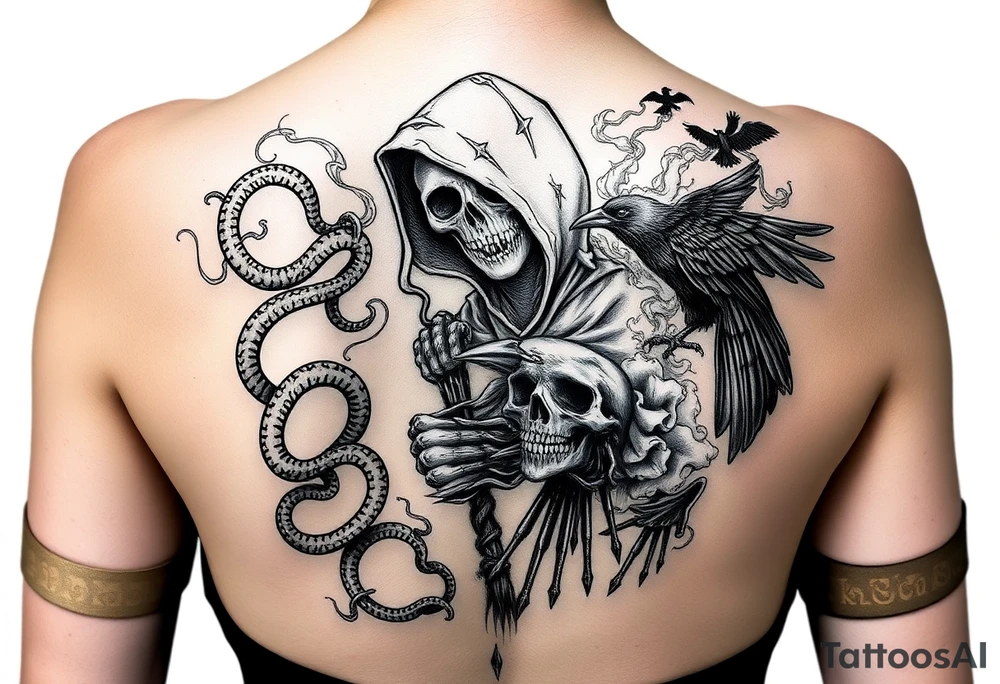 Mix grim reaper, snakes, crow and smoke tattoo idea