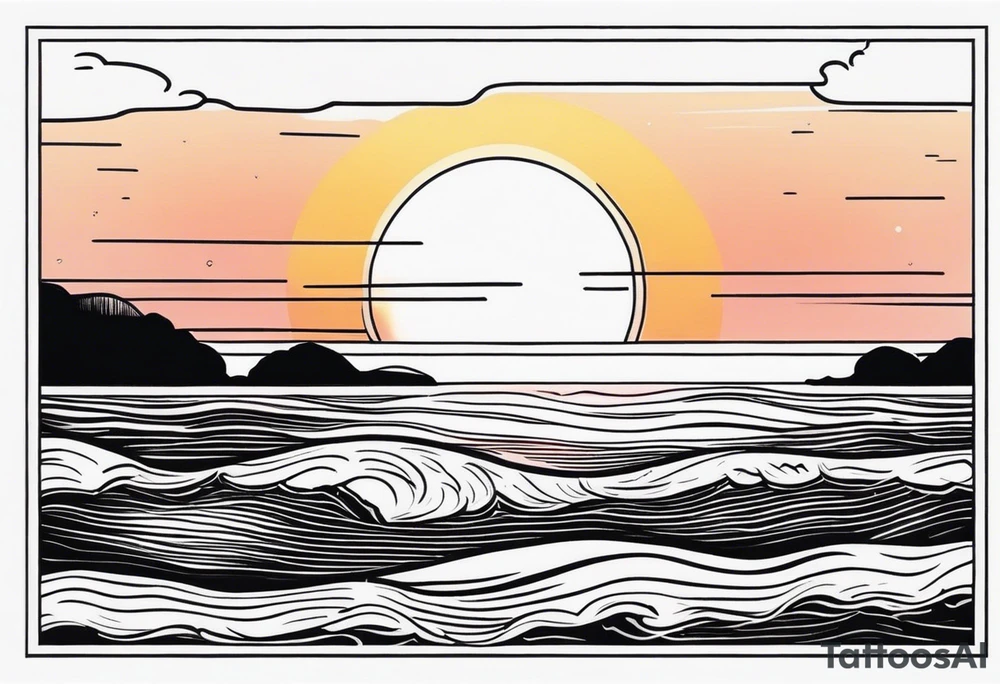 A fine line, black polaroid with the image of a sunset by the sea tattoo idea
