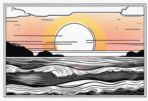 A fine line, black polaroid with the image of a sunset by the sea tattoo idea