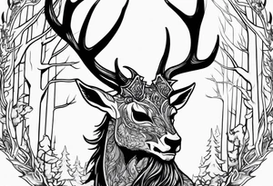 A spooky dead NO SKIN accurate wendigo side profile surrounded by a forest fire in background tattoo idea