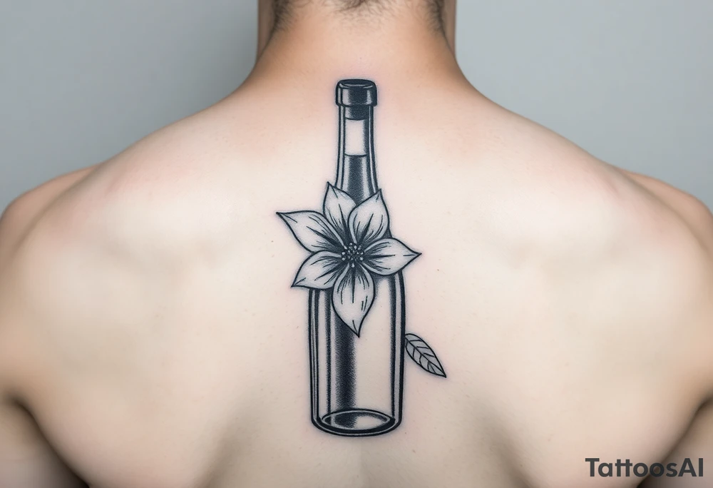 a wine bottle with an Edelweiss flower coming out from the bottle tattoo idea