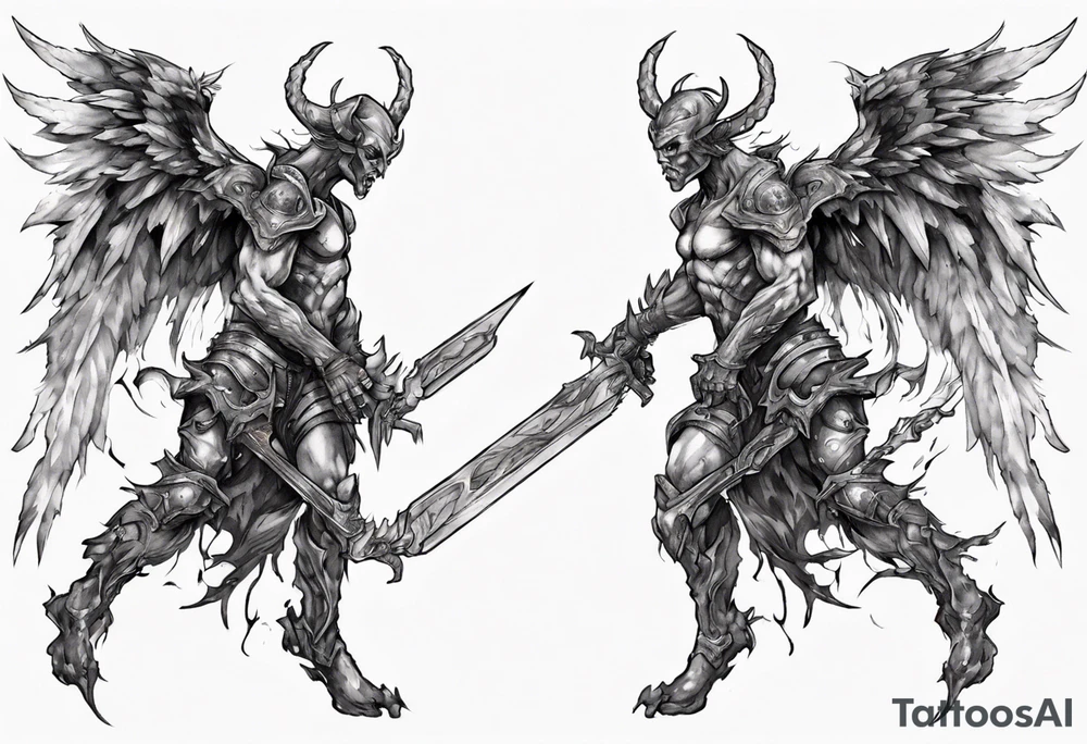 Side view of a demon angel wearing inorganic armor that is in mid-air with his weapon behind about to attack. tattoo idea