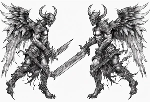 Side view of a demon angel wearing inorganic armor that is in mid-air with his weapon behind about to attack. tattoo idea