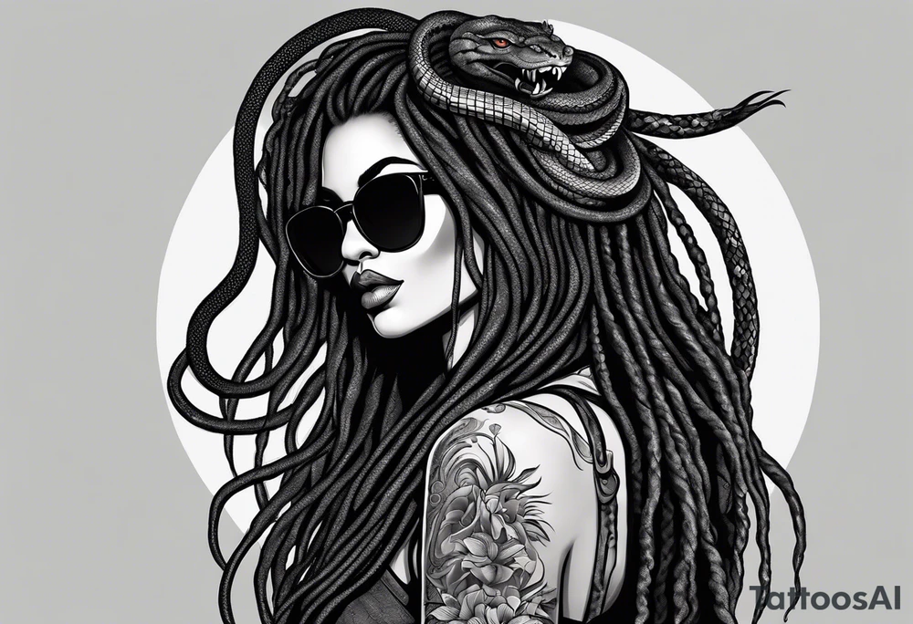 medusa as a beautiful black women with long black dreadlocks and one arm tattooed with snake skin and the other arm tattooed with marble, wearing large black sunglasses, streetwear tattoo idea