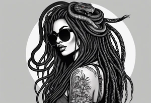 medusa as a beautiful black women with long black dreadlocks and one arm tattooed with snake skin and the other arm tattooed with marble, wearing large black sunglasses, streetwear tattoo idea