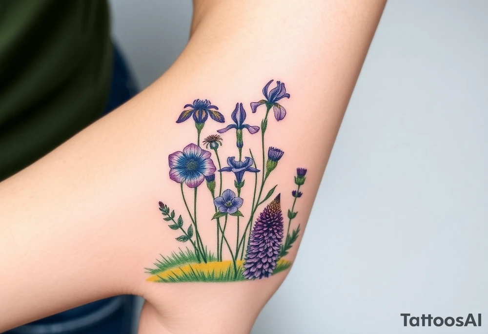 a bunch of cutleaf coneflower, blue flag iris, bee balm, obedient plant, purple coneflower on a hill with grass with wildlife tattoo idea