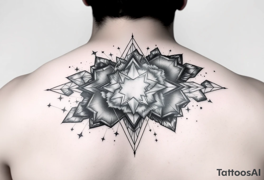 nebula that covers the upper middle back and is geometric that also uses negative spaces tattoo idea