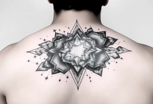 nebula that covers the upper middle back and is geometric that also uses negative spaces tattoo idea