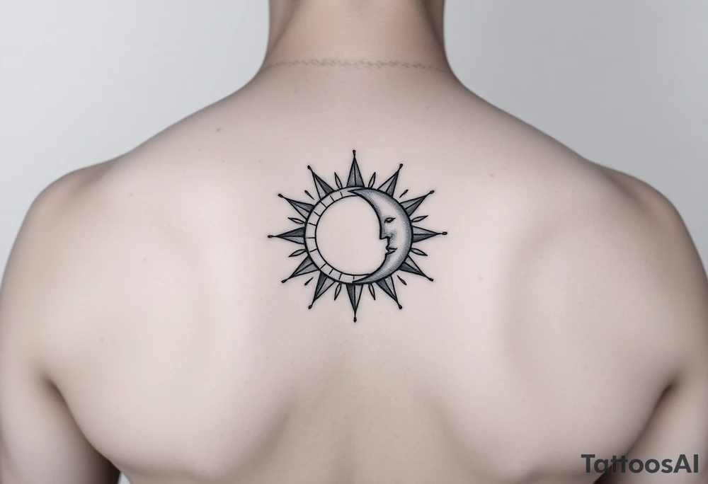 celestial sun and moon embrace with constellation patterns tattoo idea