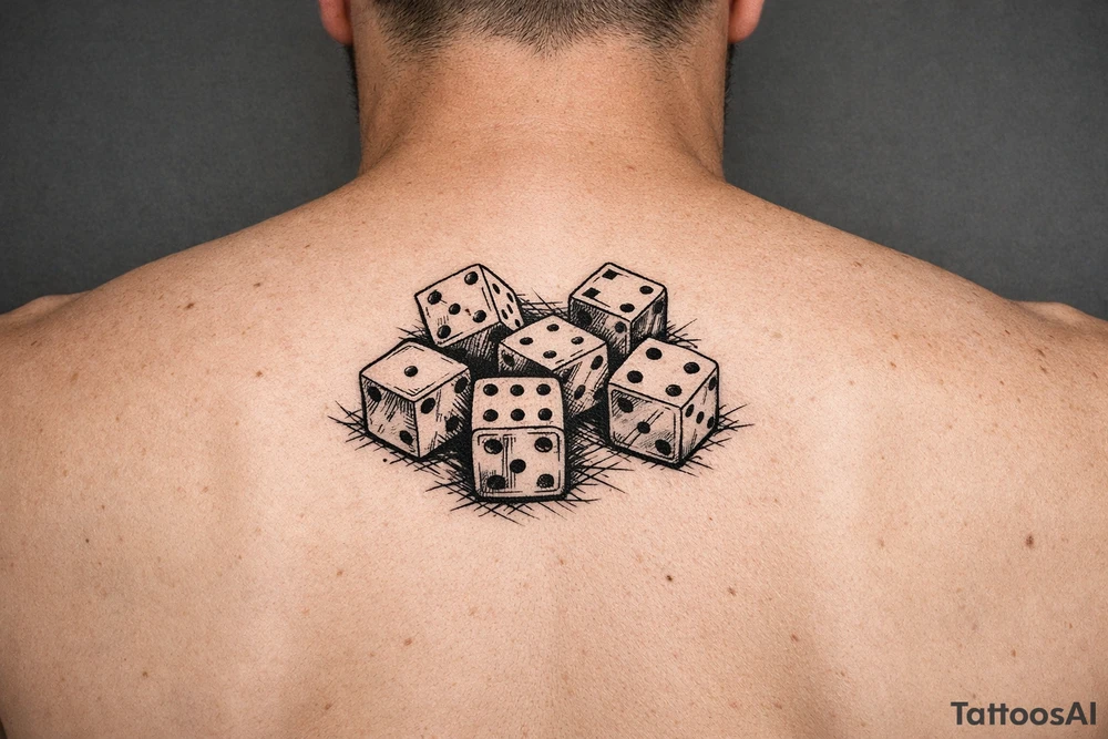 dice, vibrant colors, scattered on a flat surface. tattoo idea