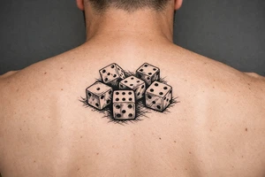 dice, vibrant colors, scattered on a flat surface. tattoo idea