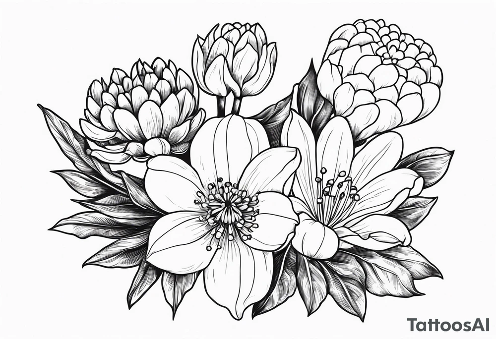 4 flowers. Lily of the valley. Marigold, chrysanthemum, and lily tattoo idea
