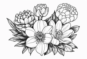 4 flowers. Lily of the valley. Marigold, chrysanthemum, and lily tattoo idea