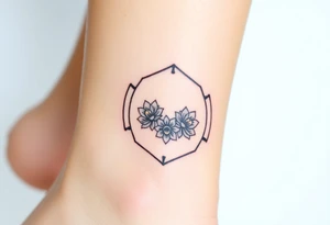 Faint Hexagon with astrological sign for Leo, larkspur and water lilies in the center tattoo idea