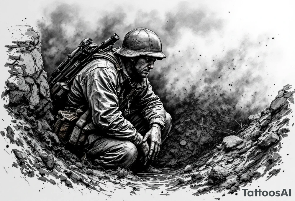 A World War I soldier in tattered olive-green uniform, crouching in a muddy trench with a helmet, gas mask, and rifle, surrounded by dark gray smoke. tattoo idea