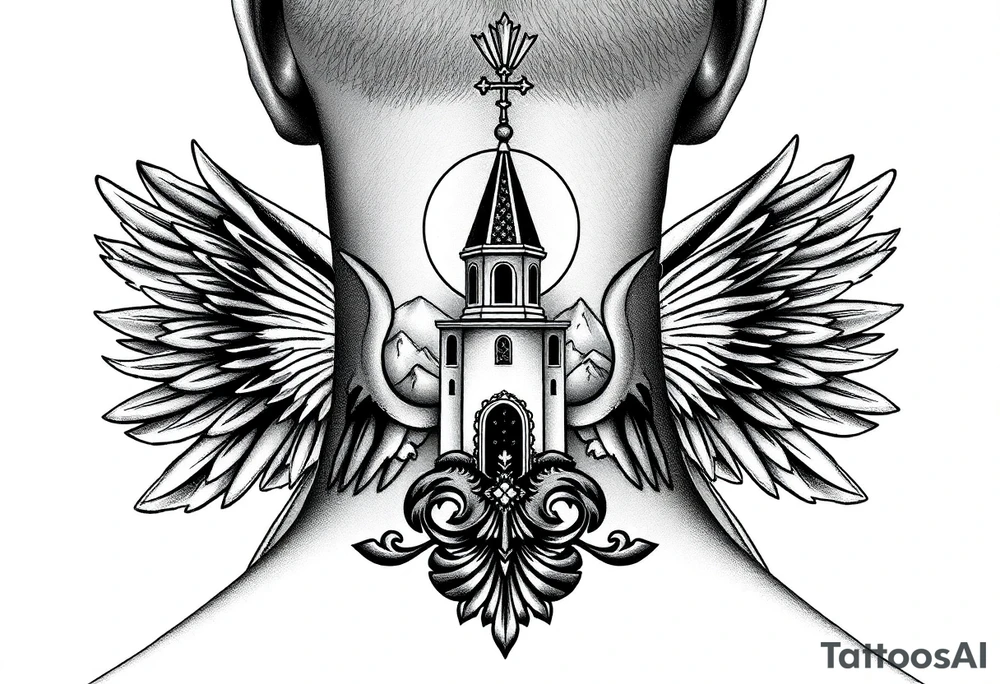 russian coat of arms with both heads visible & wings spanning out on my back neck across on to my shoulders with an orthodox christian church being visible in a mountainous sun beaming setting, with the russian orthodox cross spire of the orthodox church being visible on my neck with a sun beaming in the background that the cross sits inside tattoo idea