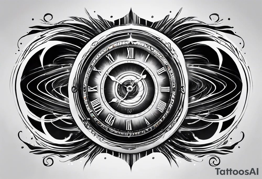 Create a tattoo featuring both light speed trails and a time travel portal. The design should seamlessly blend luminous trails suggestive of near-light-speed travel with a swirling vortex or wormhole symbolizing time travel tattoo idea