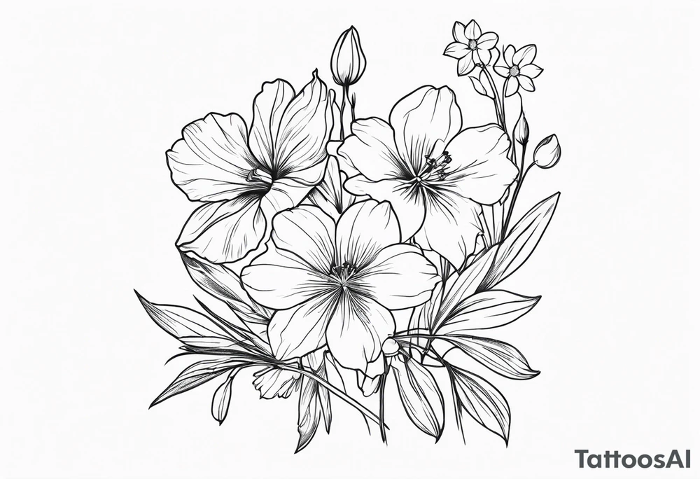 a vertical minimalist style line art tattoo of a bouquet of violets, daffodils, gladiolus, and cosmos tattoo idea