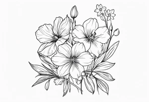 a vertical minimalist style line art tattoo of a bouquet of violets, daffodils, gladiolus, and cosmos tattoo idea