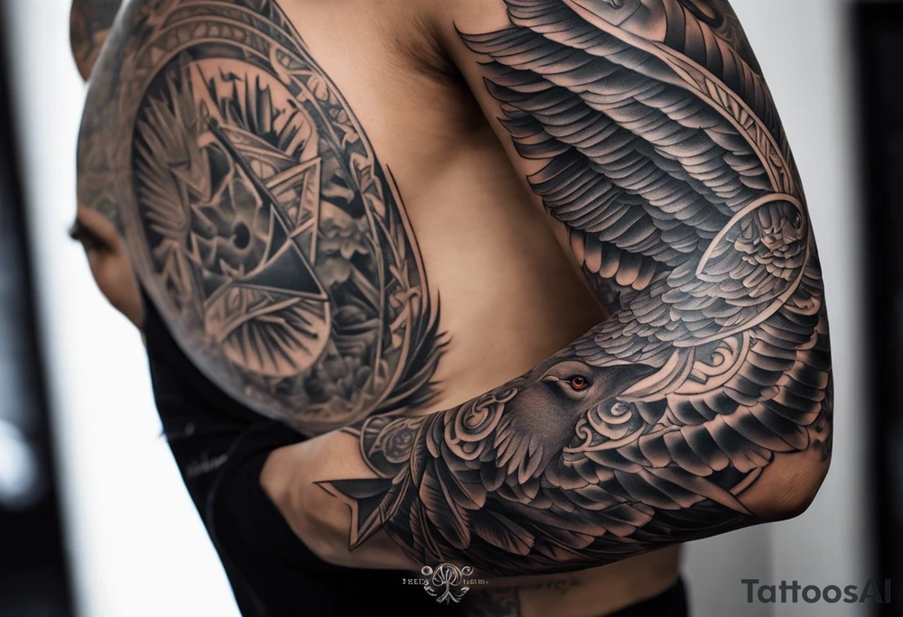 A full tattoo sleeve with a strong, masculine design, featuring a central motif of a majestic dove in flight, symbolizing peace and freedom. The dove is depicted with detailed feathers and dynamic movement, making it the focal point of the sleeve. Positioned subtly yet prominently, an intricately detailed eye within an equilateral triangle is incorporated into the design, representing the all-seeing eye or third eye. This eye is carefully shaded to blend seamlessly with the overall design, providing a symbolic layer without overshadowing the dove. Surrounding these elements, incorporate roses and leaves, rendered with rich, deep shading to create a cohesive and elegant backdrop. The roses, symbolizing beauty and resilience, and the leaves, adding a touch of natural grace, weave around the dove and eye, creating a harmonious and integrated look. The design features bold shading and contrasts, enhancing the details of both the dove and the floral elements, resulting in a powerful and balanced masculine sleeve with a blend of symbolic and artistic depth. tattoo idea