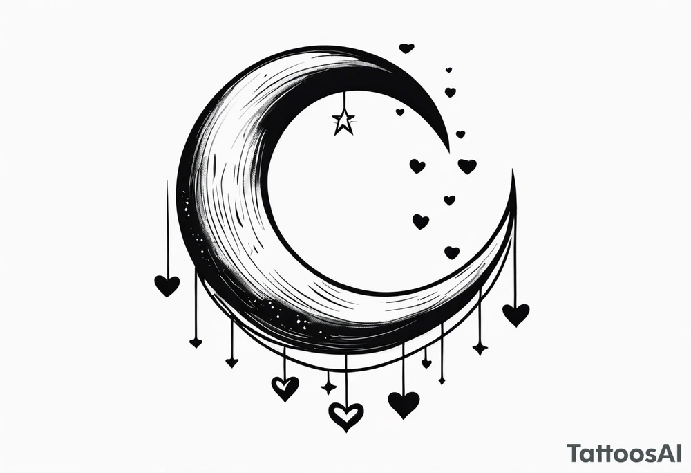 Crescent moon with hearts dangling from the bottom of it tattoo idea