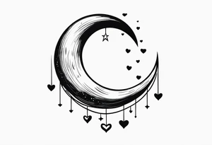 Crescent moon with hearts dangling from the bottom of it tattoo idea