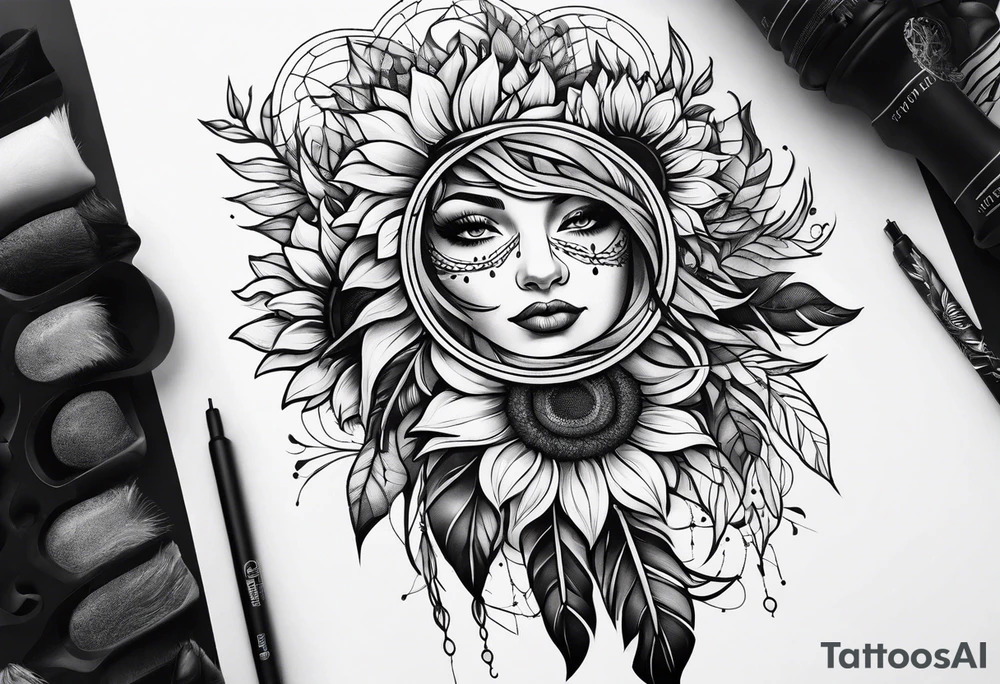 Dreamcatcher and sunflowers forearm sleeve tattoo idea