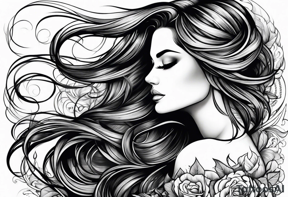 long hair flowing from shoulder to elbow tattoo idea
