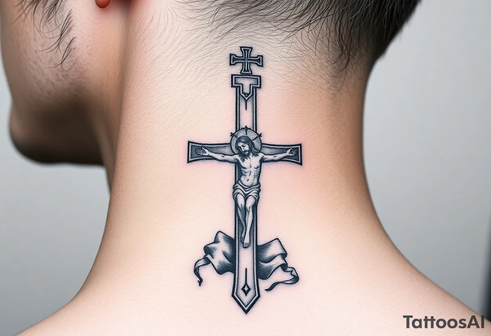 Traditional orthodox ICXC Christian cross with the small horizontal bar at the top with a plaque titulus, the central longest horizontal bar with Jesus Christ on the cross also with the slanted part of the cross where christs feet were nailed in a Russian wilderness Kremlin setting tattoo idea