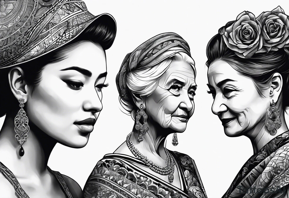 three person side by side. a really young Daughter on the left, mother in the middle, really old grandmother on the right. greater age difference tattoo idea