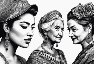 three person side by side. a really young Daughter on the left, mother in the middle, really old grandmother on the right. greater age difference tattoo idea