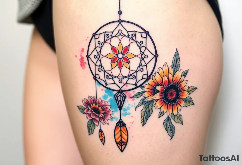 Dreamcatcher with zodiac symbols and protection runes caught in it with tigerlillies roses and sunflowers tattoo idea