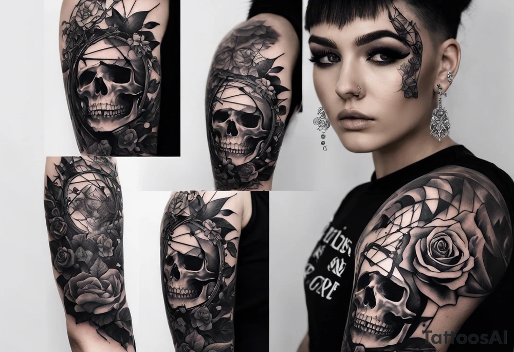 A sleeve tattoo whose elements seem to be connected into one story. Elements on the tattoo: a skull with a rose sticking out of the eye, plants, a girl’s face turning into roots, a destroyed old chain, a broken sword, a butterfly and you can add some connecting elements tattoo idea
