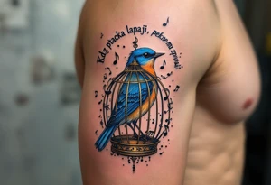 "Kdyz ptacka lapaji, pekne mu zpivaji." — A bluebird in a gilded cage made of musical notes, with the proverb arched in fine black ink above. tattoo idea