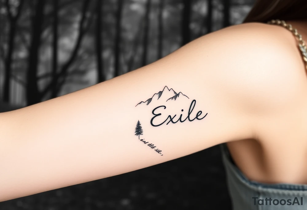 A path in the woods with mountains in the background. The word "Exile" blended in the drawing tattoo idea