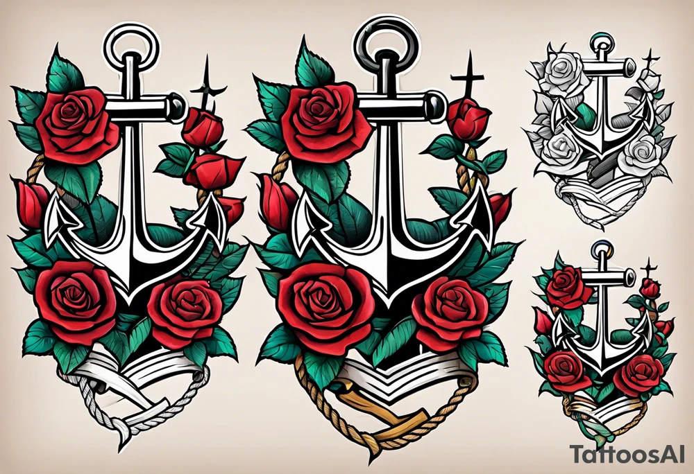 old school anchor with rope wrapped around anchor and banner across anchor and old school roses tattoo idea