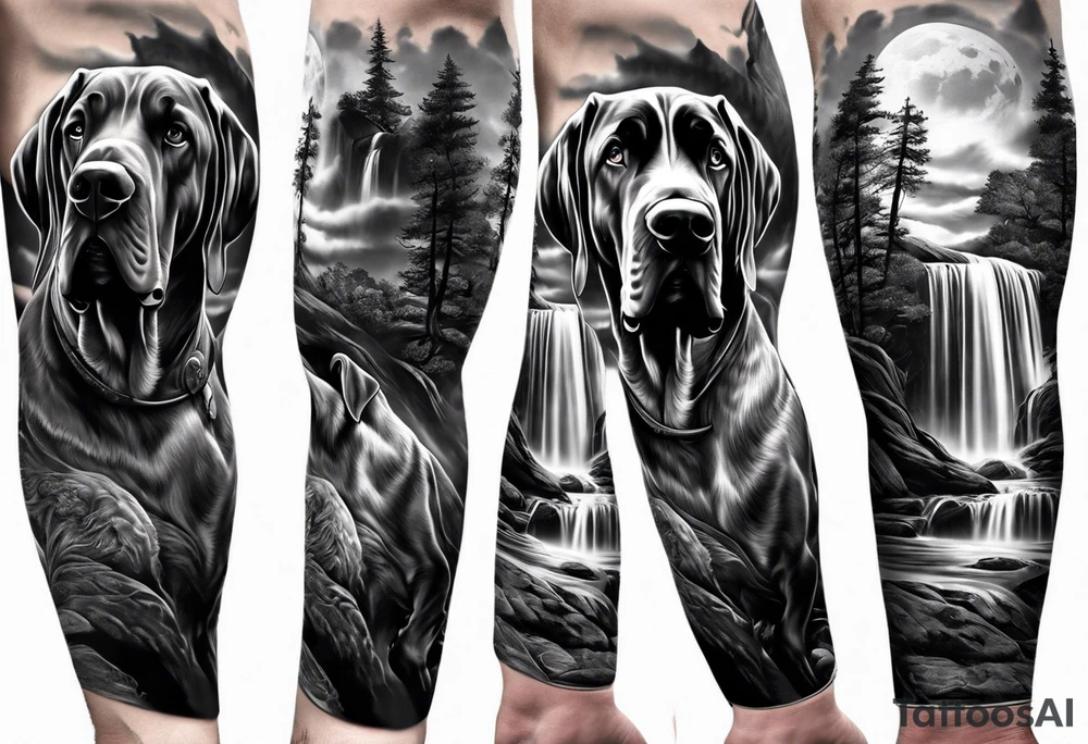 Full arm sleeve. Four Great Danes together exploring waterfall tattoo idea