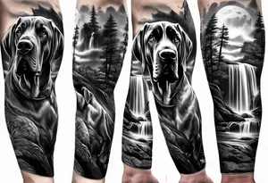 Full arm sleeve. Four Great Danes together exploring waterfall tattoo idea