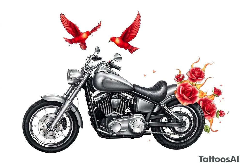 Harley grey motorcycle driving away, two red birds flying, roses, flames, angel wings tattoo idea