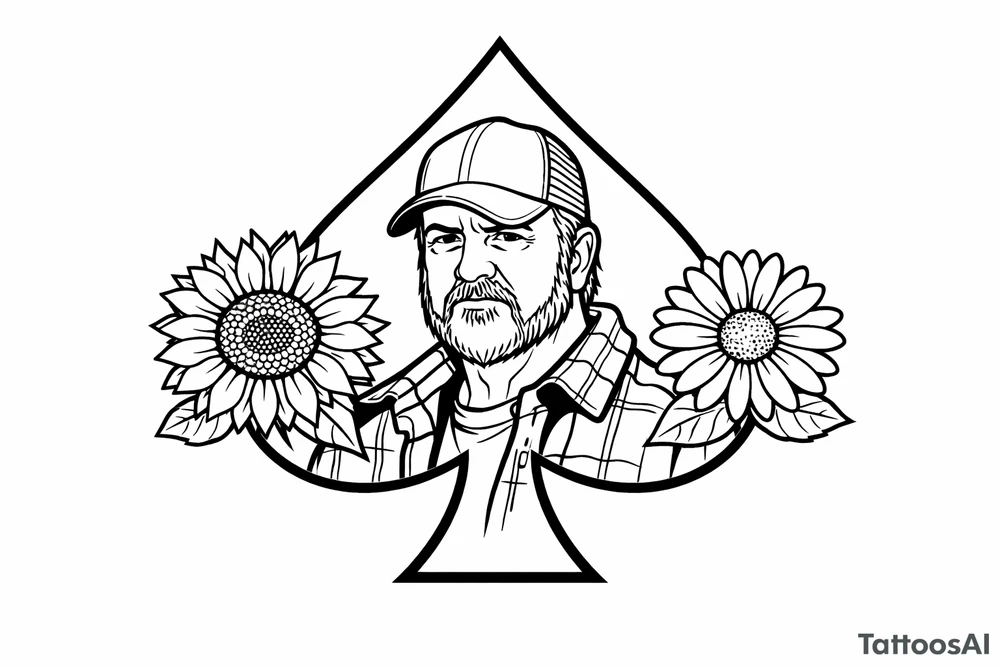 Bobby middle center inside the middle of the spade with a sunflower and a daisy on each side of the spade very super extremely traceable to trace onto notebook paper, very super extremely easy and simple traceable tracing black and white outlining outline coloring pages very super extremely traceable to trace onto notebook paper tattoo idea