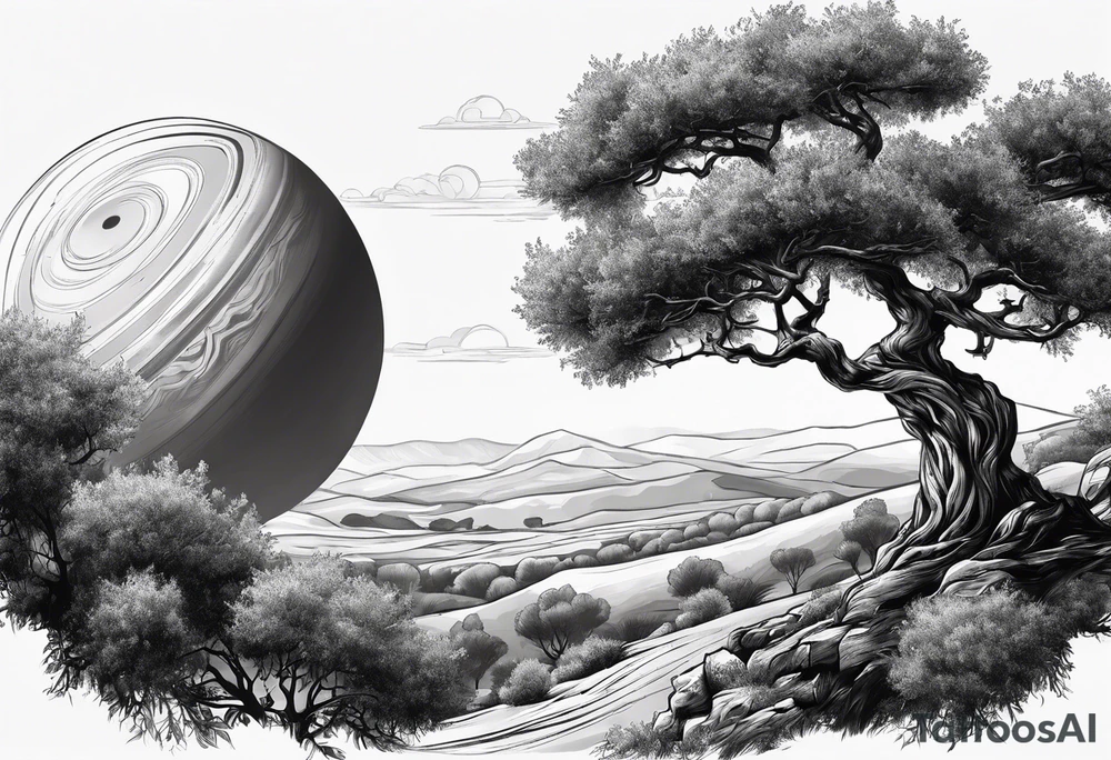 an olive tree and Saturn at its back tattoo idea
