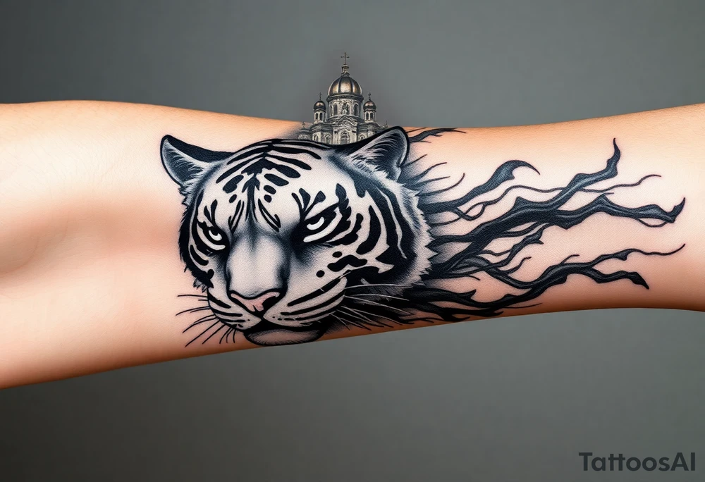 in a dorsal view of the hand and forearm a tiger face on the hand with black hollowed eyes, then above this a orthodox church shrouded with a mist and fading into a virgin mary overlooking tattoo idea